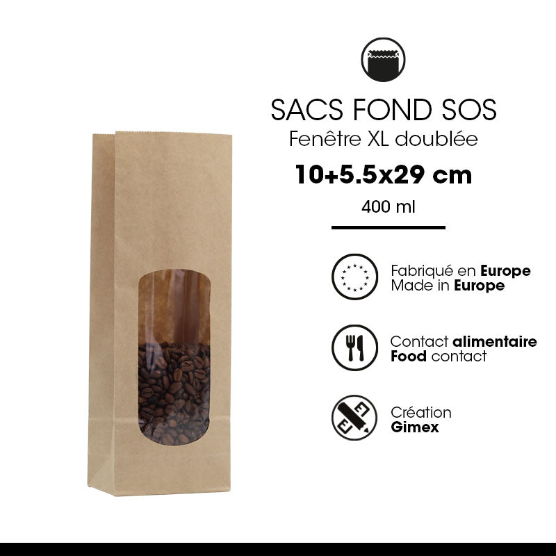 Sac alimentaire SOS fenêtre XL kraft brun lisse 400 ml par 1200