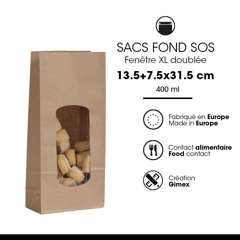 Sac alimentaire SOS fenêtre XL kraft brun lisse 850 ml par 800