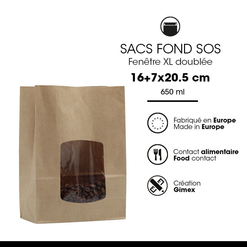 Sac alimentaire SOS fenêtre XL kraft brun lisse 650 ml par 800