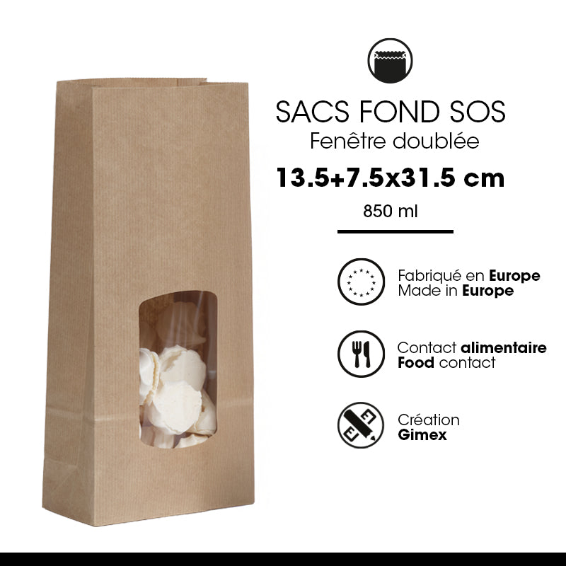 Sac alimentaire SOS fenêtre kraft brun vergé 850 ml par 800