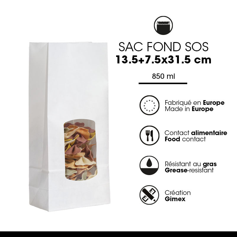 Sac alimentaire SOS fenêtre kraft lisse blanc 850ml par 800