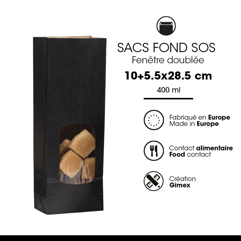 Sac alimentaire SOS fenêtre kraft noir vergé 400 ml par 1200