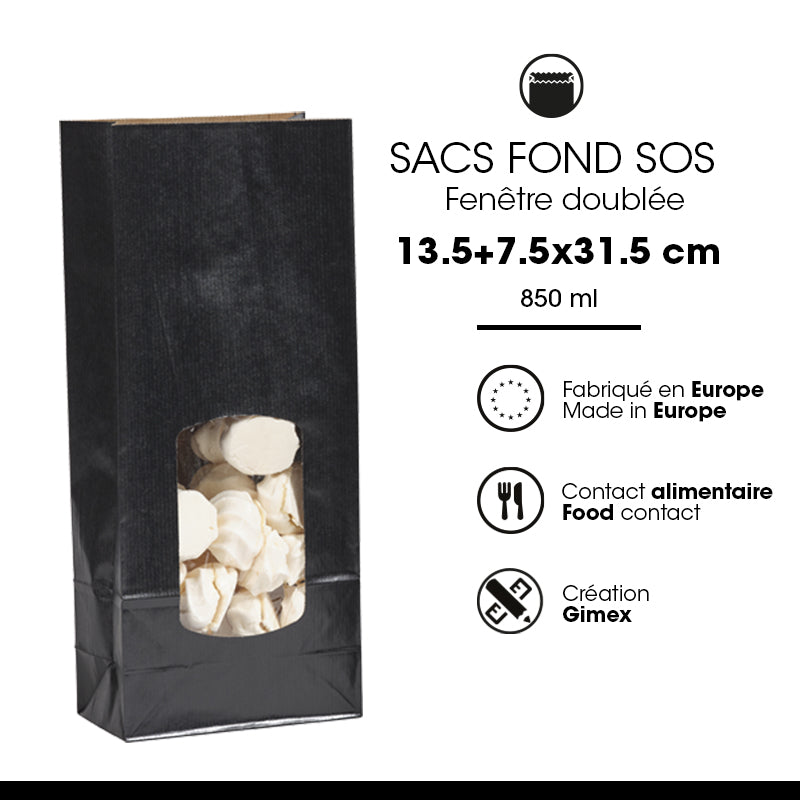 Sac alimentaire SOS fenêtre kraft noir vergé 850ml par 800