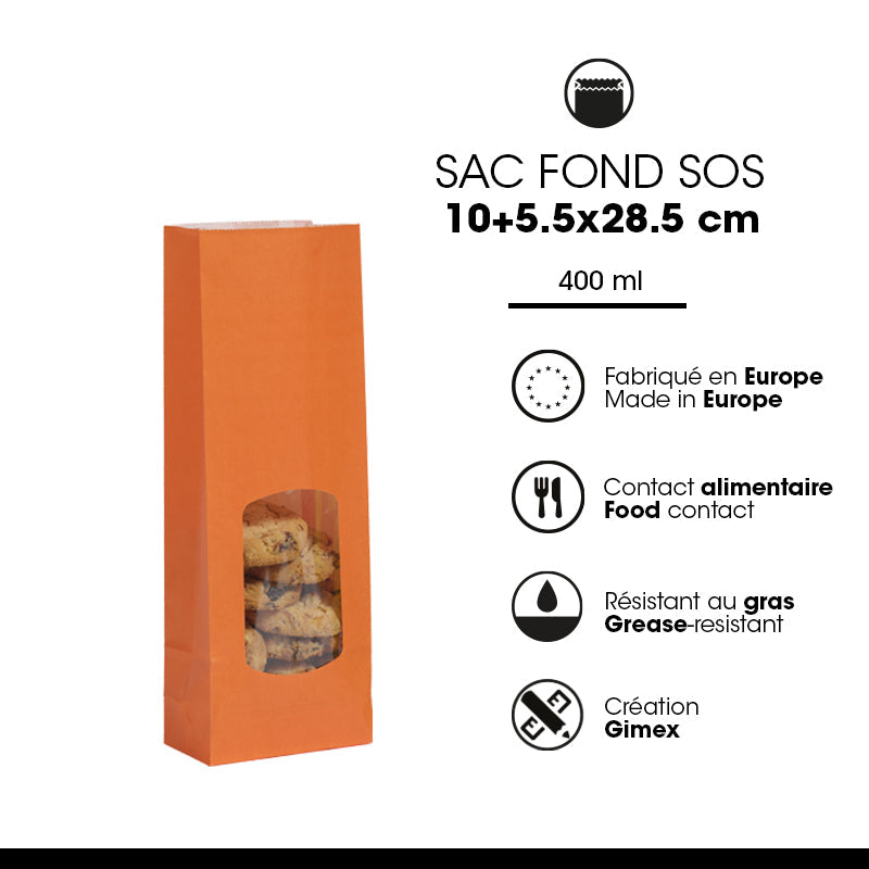 Sac alimentaire SOS fenêtre orange kraft lisse 400ml par 1200