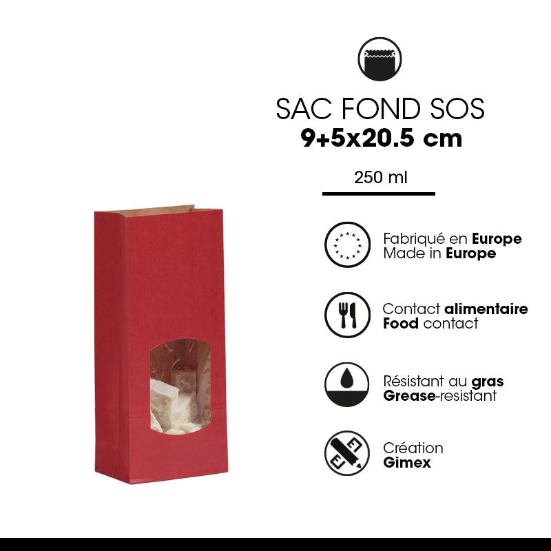 Sac alimentaire SOS fenêtre rouge kraft vergé 250ml par 1200