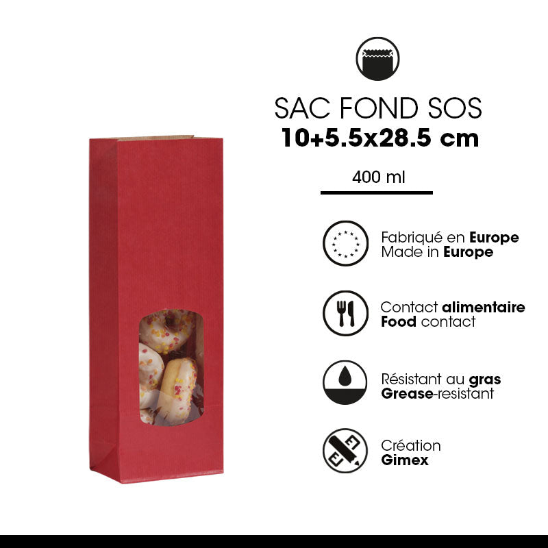 Sac alimentaire SOS fenêtre rouge kraft vergé 400ml par 1200