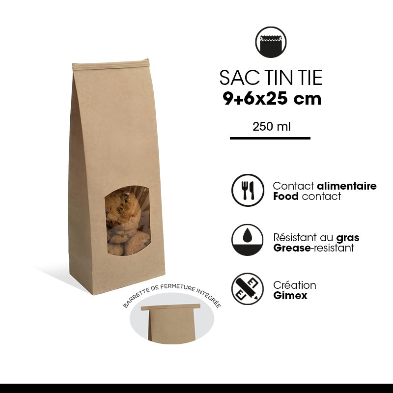 Sachet fenêtre avec barrette de fermeture en kraft brun 80g - 9+6x25cm par 600