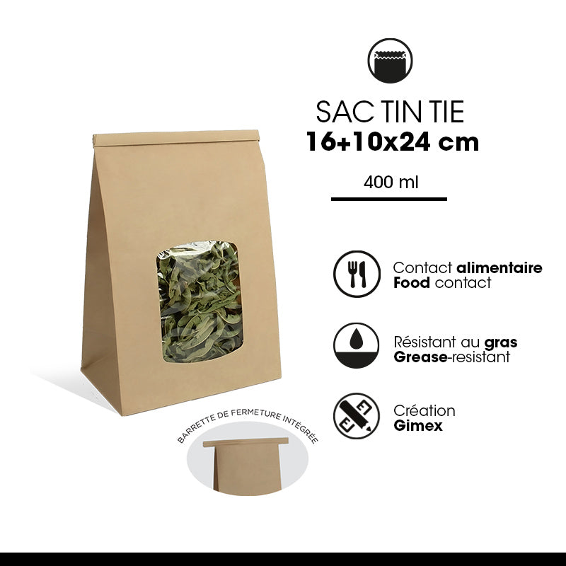 Sachet fenêtre avec barrette de fermeture en kraft brun 80g -16+10x24cm par 400