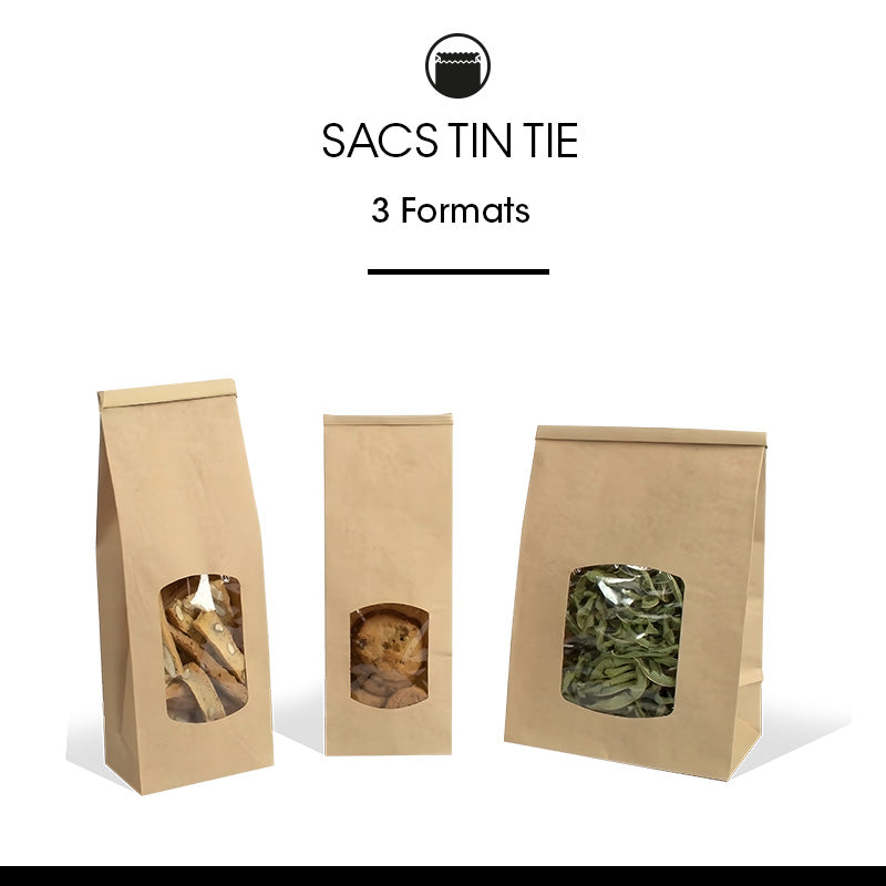 Sachet fenêtre avec barrette de fermeture en kraft brun 80g -16+10x24cm par 400