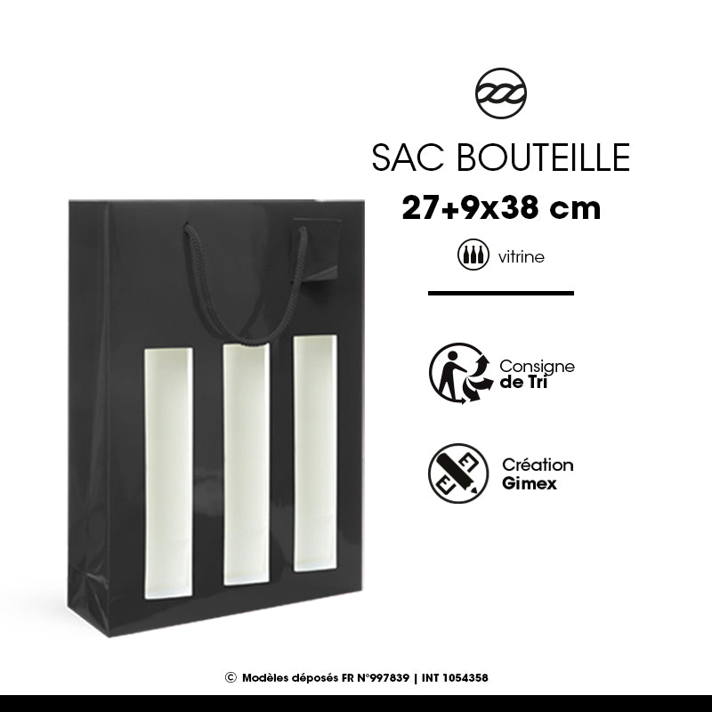 Sac fenêtre 3 bouteilles pelliculé noir poignées cordelières 18+9x38cm par 100