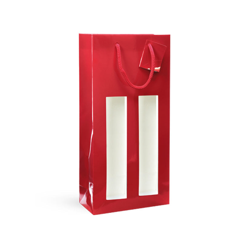 Sac fenêtre 2 bouteilles pelliculé rouge poignées cordelières 18+9x38cm par 100