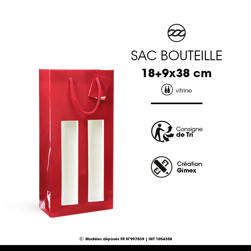 Sac fenêtre 2 bouteilles pelliculé rouge poignées cordelières 18+9x38cm par 100