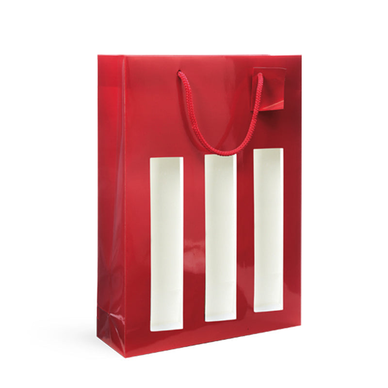 Sac fenêtre 3 bouteilles pelliculé rouge poignées cordelières 27+9x38cm par 100