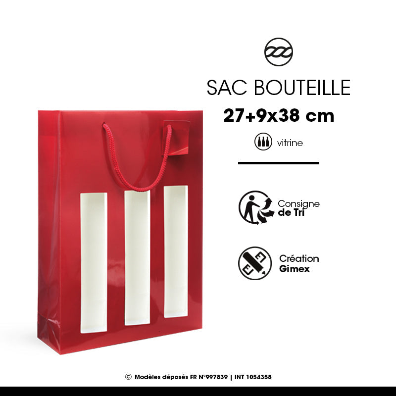 Sac fenêtre 3 bouteilles pelliculé rouge poignées cordelières 27+9x38cm par 100