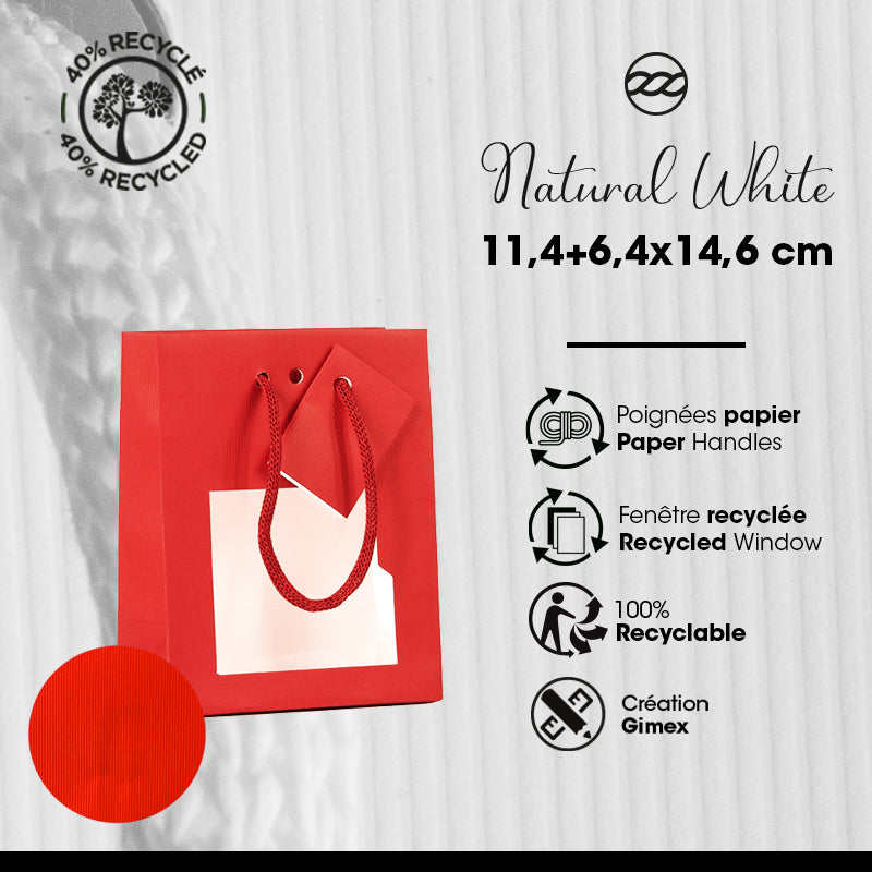 Sac vitrine rouge|Natural Red|poignées papier|11,4+6,4x14,6cm|par 200